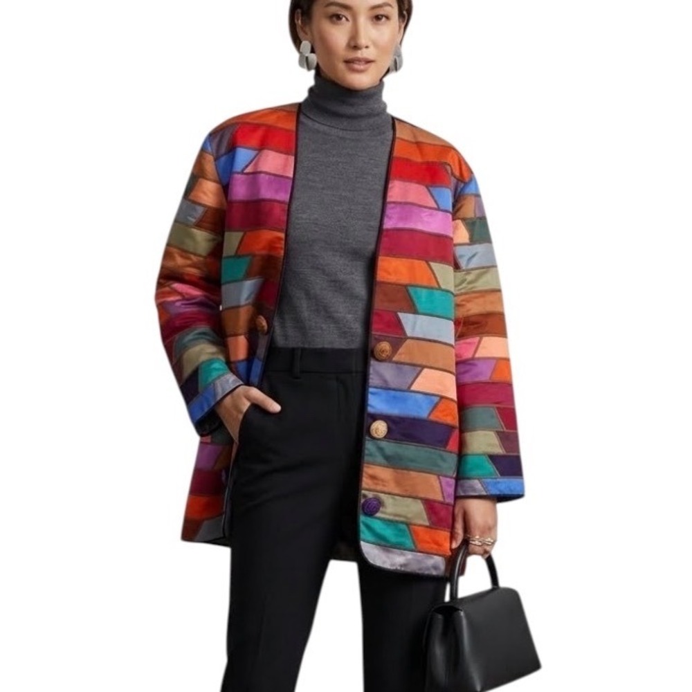 Girasol Mexico Art to Wear Patchwork Jacket Multicolor Satin Geometric Women L